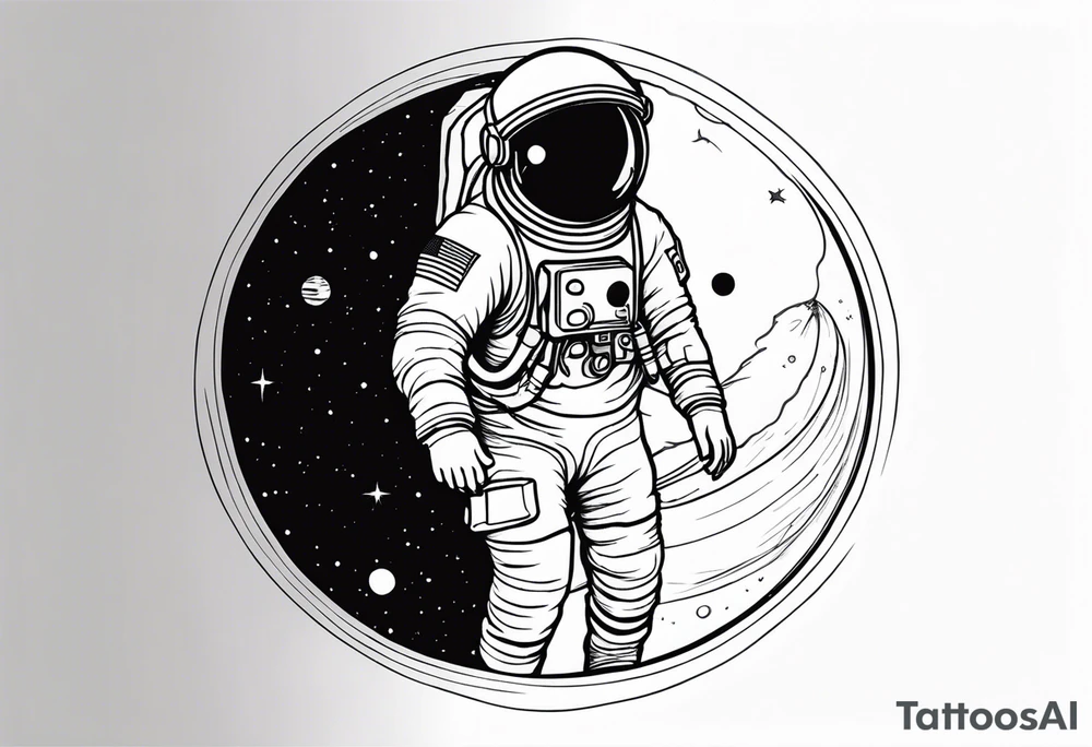 an astronaut hunched over in space from the back holding a planet tattoo idea