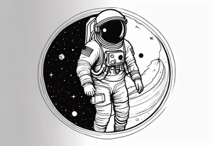 an astronaut hunched over in space from the back holding a planet tattoo idea