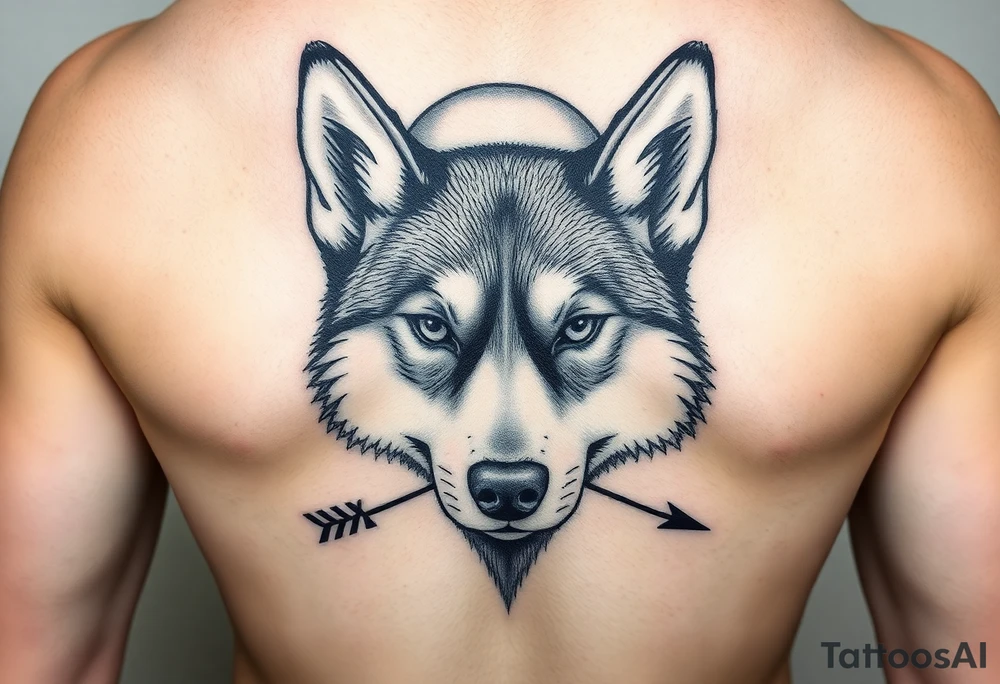 create a tatto of the face of a female husky looking at a half a moon with a arrow crossing tattoo idea