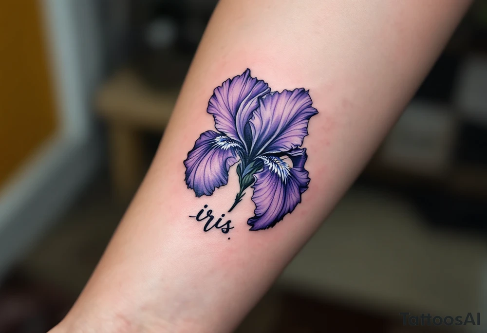 big purple flower with the name “IRIS” written in the stem of the flower in cursive on the outside of the forearm tattoo idea