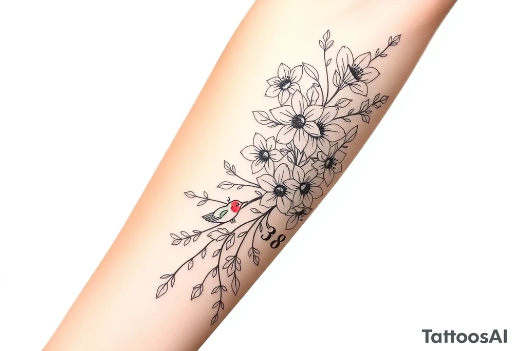 Create a fine-line tattoo design for the top of the left forearm, extending vertically from just below the elbow to the wrist. The design should feature a delicate arrangement of narcissus flowers, daffodils, larkspurs, and dogwood flowers, with flowing vines and leaves weaving through the composition to complement the natural curve of the forearm. Include one small hummingbird with subtle color accents (soft shades of green and red) hovering near the flowers, in a realistic yet minimal style. Subtly integrate the time ‘6:38’ into one of the flower vines, using a small, elegant font that blends naturally with the design. The overall style should be fine-line and detailed, with a light, airy feel, similar to a botanical illustration, focusing on intricate line work and minimal shading. tattoo idea