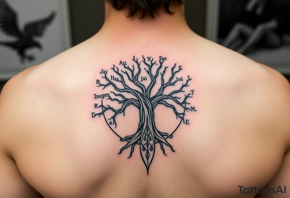 yggadrisl tree of life with circle of runes names Jai, Phoebe, Imogen, Matilda on four branches tattoo idea
