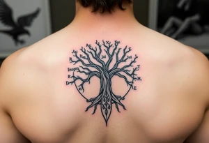 yggadrisl tree of life with circle of runes names Jai, Phoebe, Imogen, Matilda on four branches tattoo idea
