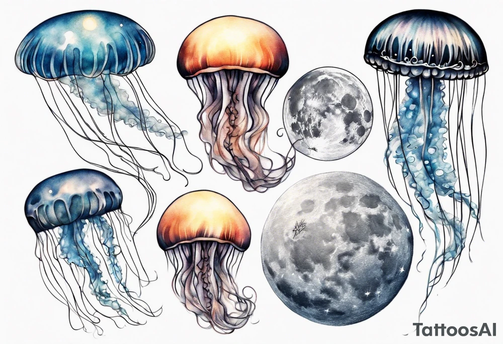 1 jellyfish swimming in front of the moon tattoo idea