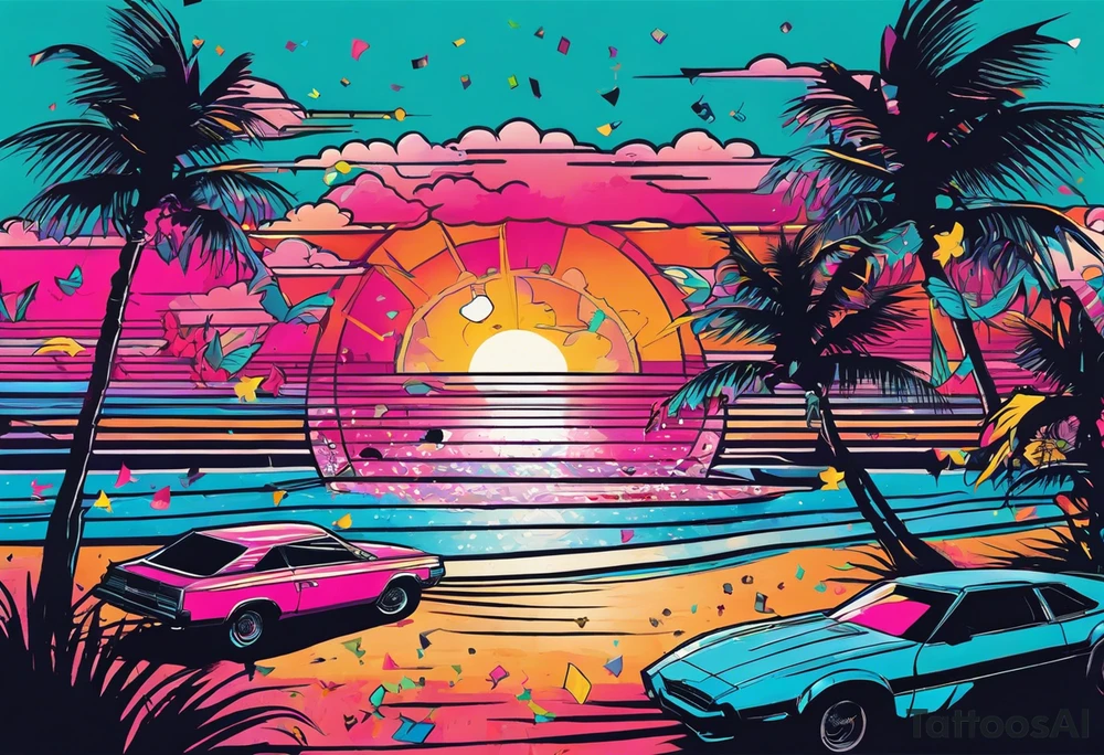 1980's miami vice style beach dance 
party, include confetti, music notes, boom box, bikinis sunset in the center tattoo idea