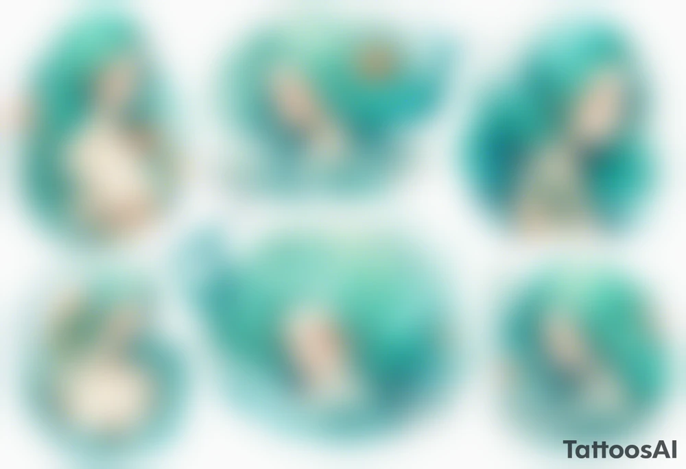 a mermaid emerging from the sea, turquoise hair, wearing a white robe, tattoo idea