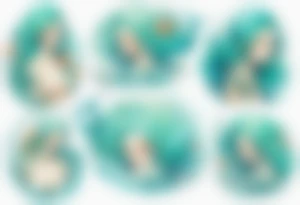 a mermaid emerging from the sea, turquoise hair, wearing a white robe, tattoo idea