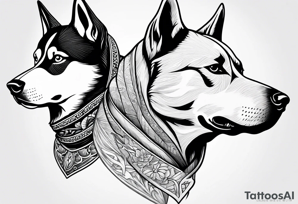 husky and pitbull facing backwards tattoo idea