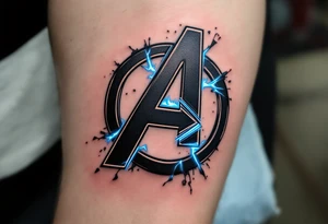 An Avengers logo with Thor’s hammer breaking through it, sending cracks along the symbol, in a black-and-grey base with glowing blue highlights. tattoo idea