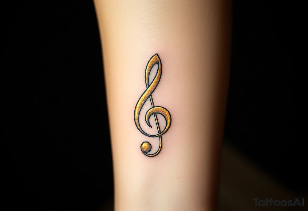 A gold treble clef with subtle silver accents, surrounded by delicate sparkles tattoo idea