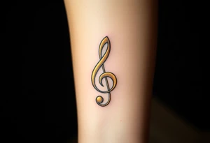 A gold treble clef with subtle silver accents, surrounded by delicate sparkles tattoo idea