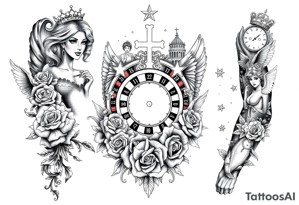 Roulette casino and princess and cross, baby angels, roses and clock and stars and fish, crown tattoo idea