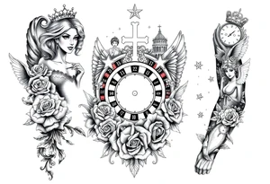 Roulette casino and princess and cross, baby angels, roses and clock and stars and fish, crown tattoo idea