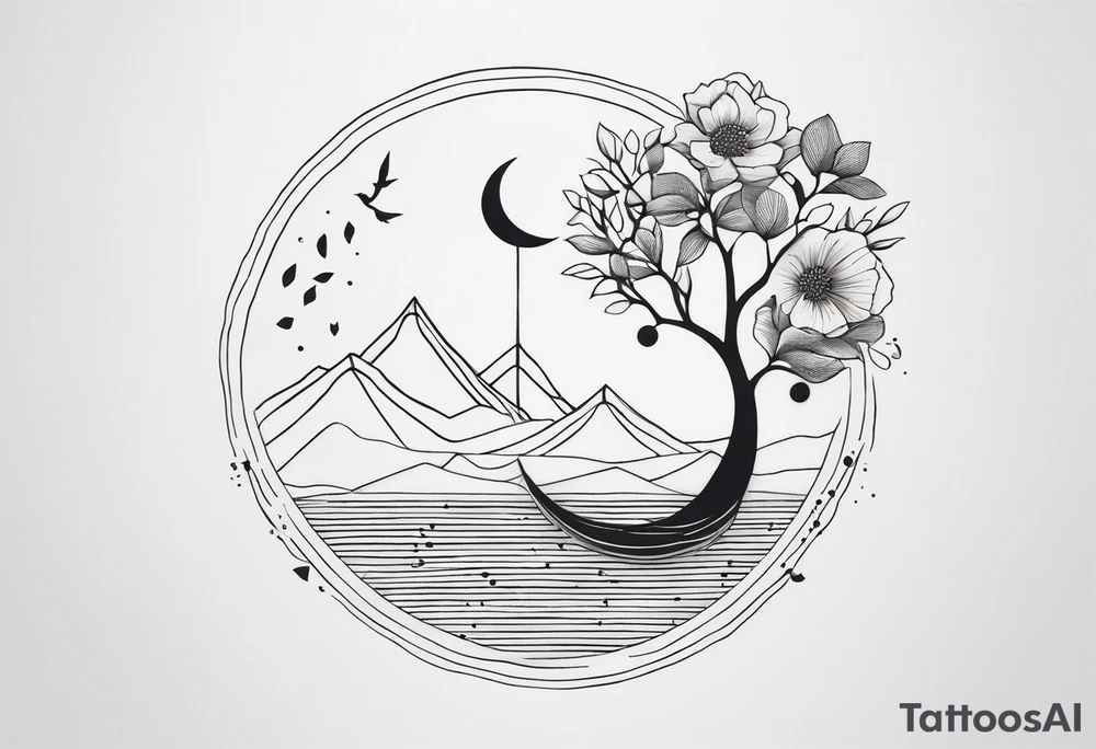 A minimalist tattoo design featuring a vertical composition. At the center is a large, abstract flower with intricate dotted shading and clean lines. A delicate tree with bare branches grows from the top of the flower, while flowing leaves emerge from the bottom. Surrounding the flower are abstract elements like small geometric shapes, mountains in the background, a few birds, and a crescent moon, all positioned in a visually balanced way. There’s a circular solar element near the flower, with rays extending outward. The entire design is made up of fine lines, dot work, and subtle shading, creating a harmonious mix of nature and geometric abstraction. It’s a detailed sketch with organic flow, precision, and a blend of cosmic and natural motifs. Make the tattoo vertically aligned, skinnier width and longer width tattoo idea
