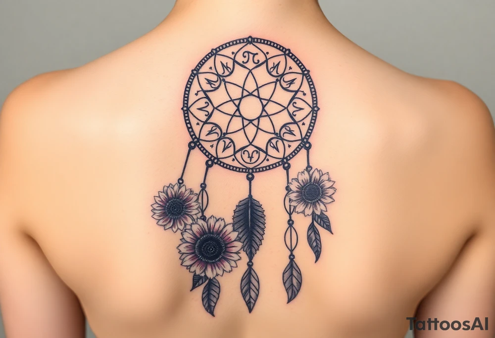 Dreamcatcher with zodiac symbols and protection runes caught in it with tigerlillies roses and sunflowers tattoo idea