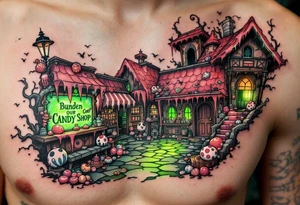 Tim Burton’s candy shop is abandoned and dripping with muted reds, dusty pinks, and eerie green glow. tattoo idea