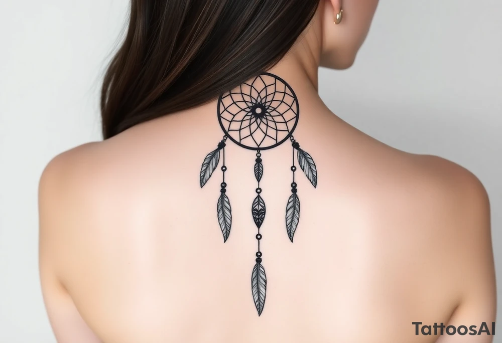 native dreamcatcher with flowing feathers and sacred beads tattoo idea