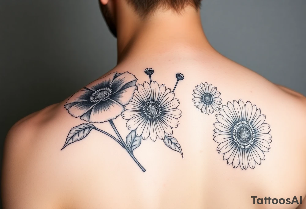 Poppy, chrysanthemum and daisy shoulder tatoo for women tattoo idea