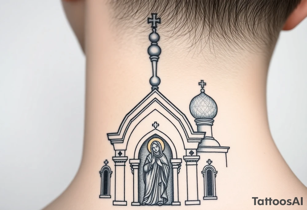 Flowing Scene

A onion domes orthodox church
Virgin Mary in prayer pose on the front doors of the russian orthodox church 
A small double headed russian coat of arms eagle or just the star tucked above the dome near the hairline tattoo idea