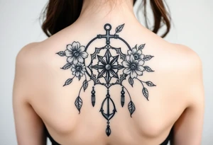 Boho dream catcher with compass and anchor Beautiful flowers and an ornamental chandelier like look tattoo idea