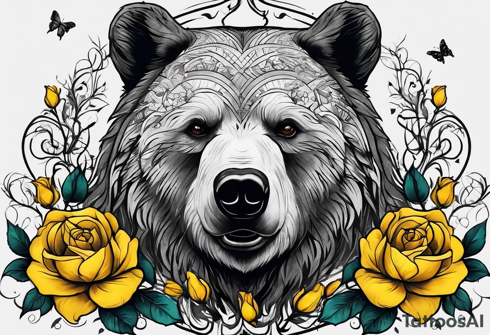 A bear sitting under the tree of life with three yellow roses, and three butterflies tattoo idea