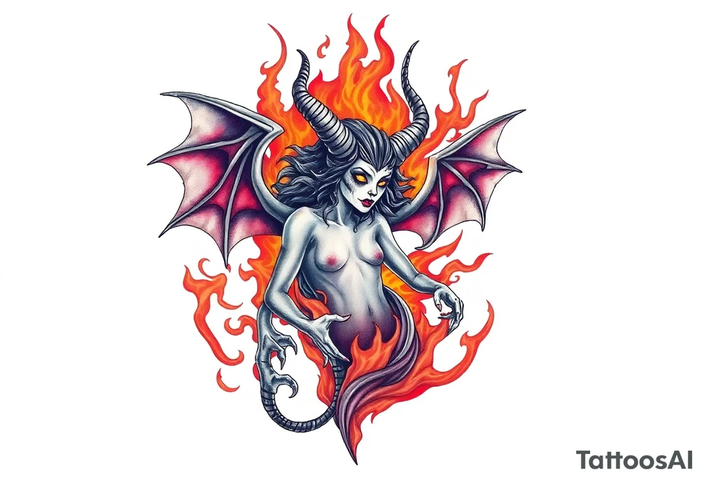 Female demon in the flame tattoo idea