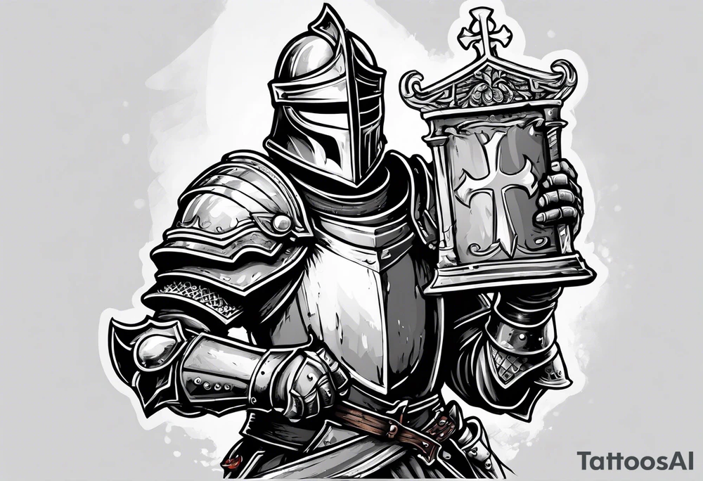 knight holding a bible over his head in combat with both hands tattoo idea