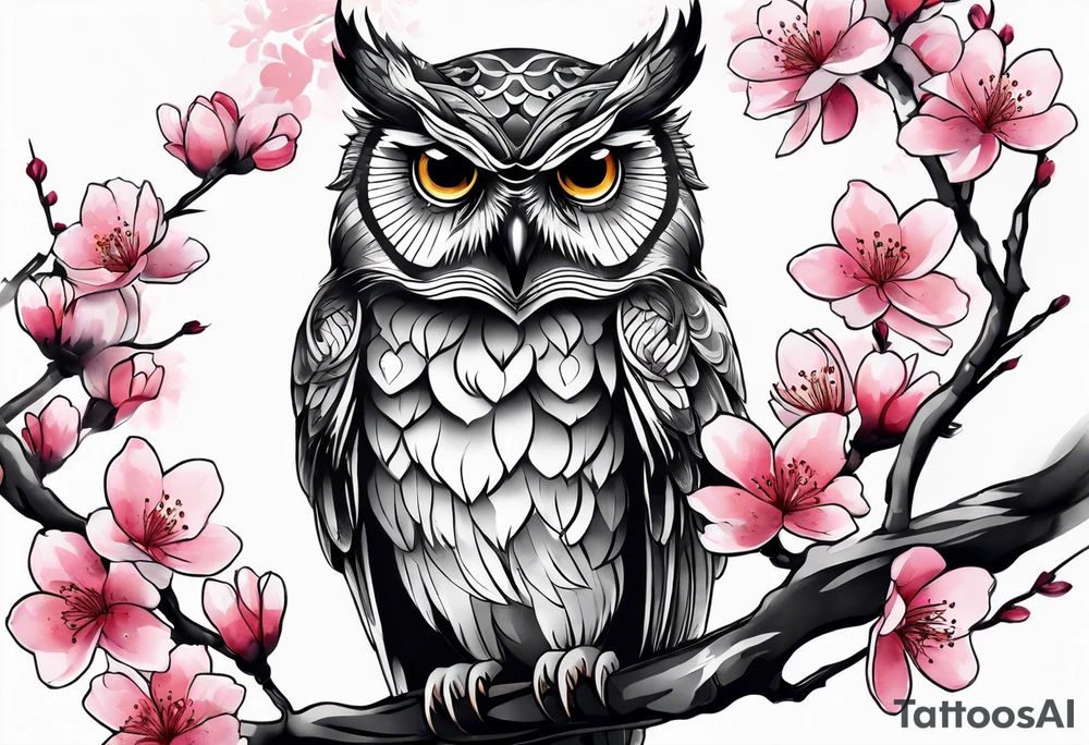 Owl made out of cherry blossom tattoo idea