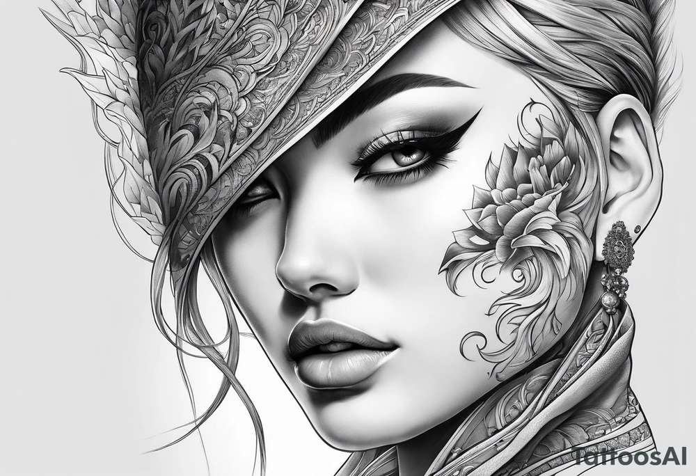 Woman’s face splitting into another with wolf cut hair tattoo idea