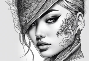 Woman’s face splitting into another with wolf cut hair tattoo idea