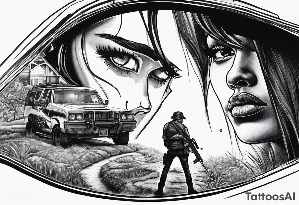 In the reflection of a eye two people holding guns one man dead on the ground with a wounded woman standing behind him tattoo idea