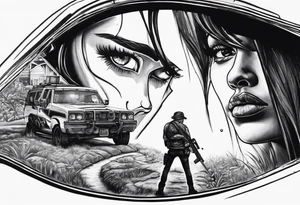 In the reflection of a eye two people holding guns one man dead on the ground with a wounded woman standing behind him tattoo idea
