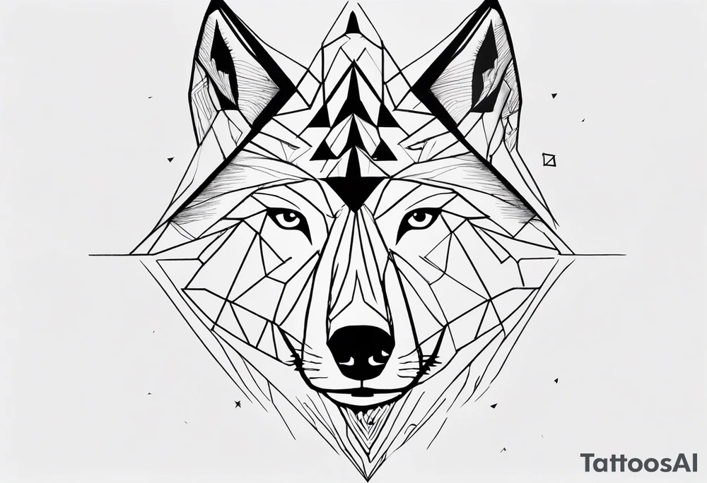 Wolf's face with geometric patterns flowing from it along with impressions of trees, a forest tattoo idea