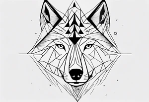Wolf's face with geometric patterns flowing from it along with impressions of trees, a forest tattoo idea