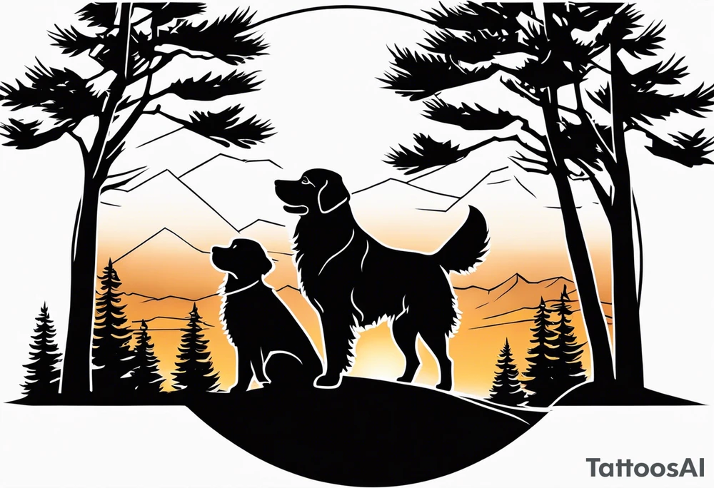 Outline of a dog paw print with a sunset with two pine trees and a golden retriever tattoo idea