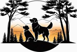 Outline of a dog paw print with a sunset with two pine trees and a golden retriever tattoo idea