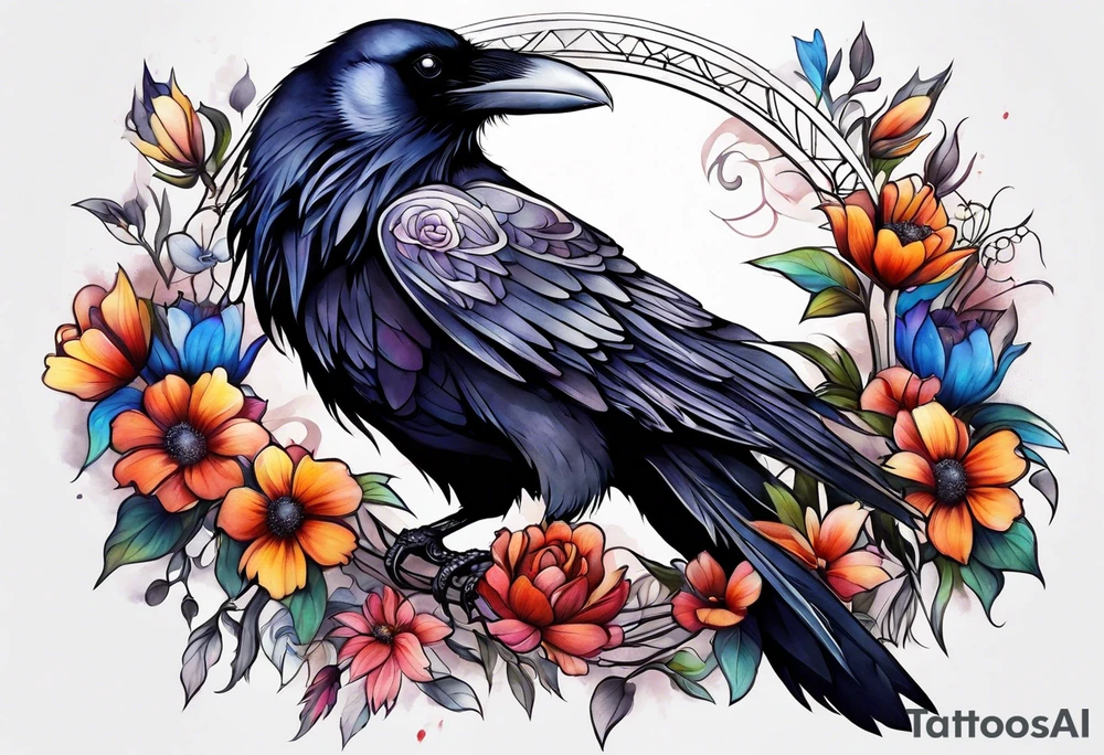 Raven with flowers gothic tattoo idea