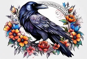 Raven with flowers gothic tattoo idea