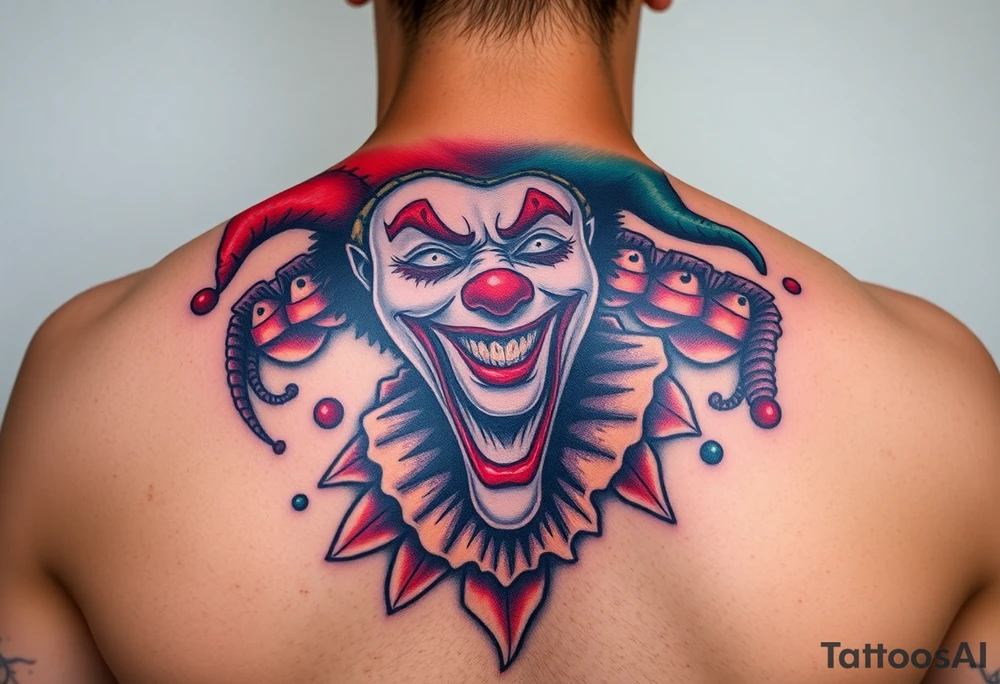 jester clown behind female jester making her smile tattoo idea