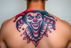 jester clown behind female jester making her smile tattoo idea