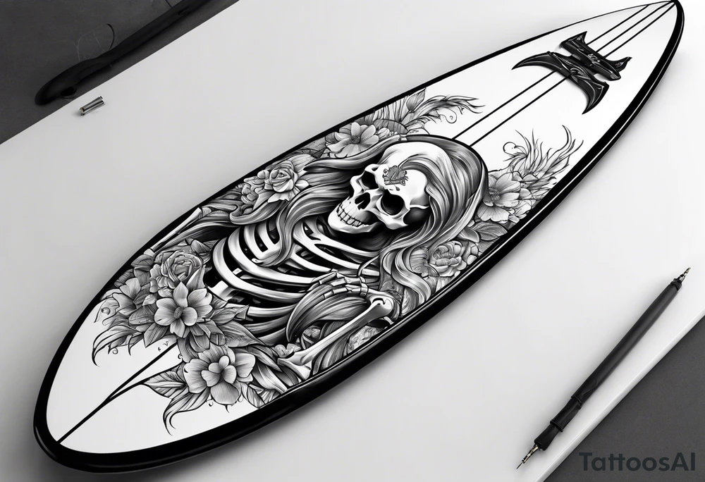 skeleton on a surfboard tattoo idea