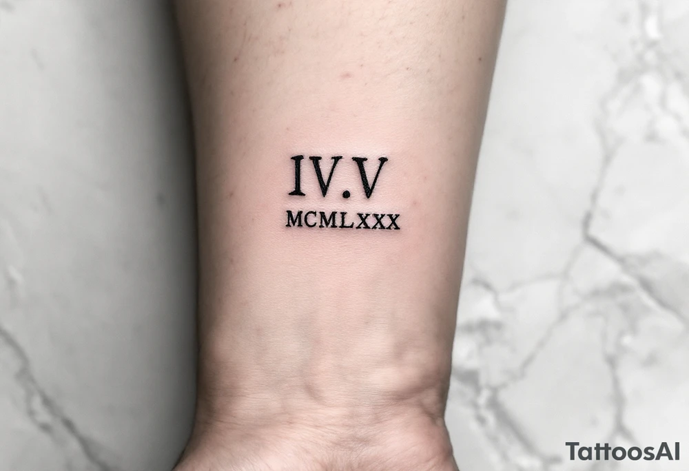Minimalist IV.V.MCMLXXX tattooed in fine-line black ink on the inner forearm for a birthdate tribute. tattoo idea