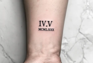 Minimalist IV.V.MCMLXXX tattooed in fine-line black ink on the inner forearm for a birthdate tribute. tattoo idea