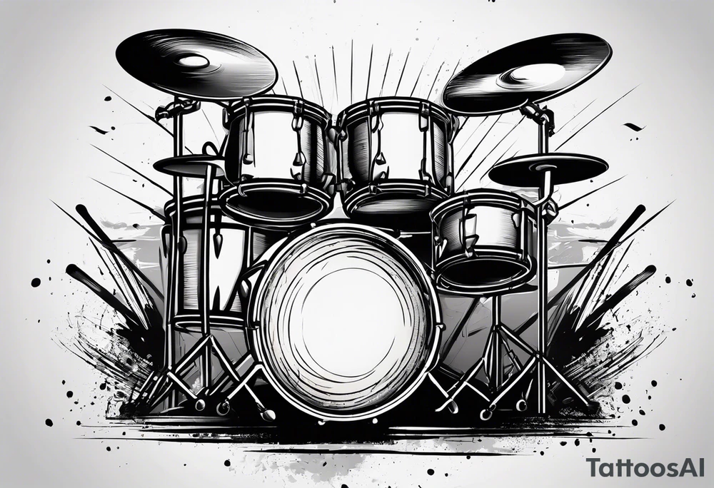 Stylized drums with sticks crossing over them, and a burst effect in the background to represent the energy of playing. tattoo idea
