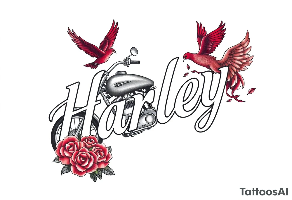 Harley grey motorcycle driving away, two red birds flying, roses, flames, angel wings tattoo idea
