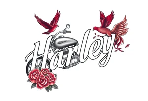 Harley grey motorcycle driving away, two red birds flying, roses, flames, angel wings tattoo idea