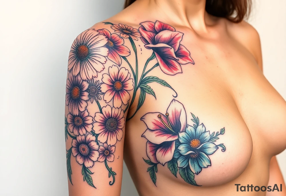This tattoo is on a woman. It starts on her left side of the chest on the pectoral with a Glaiolus and Daisy together, then the tattoo rises over the left shoulder and down the arm and ends at the elbow. The tattoo will include a primroses, Calla Lilys, and Lillys. It will be light on color except in the petals and has light shading to make it pop. It will not wrap around the chest but rather bloom upwards from the pectoral and spill over the shoulder and down to the elbow. tattoo idea