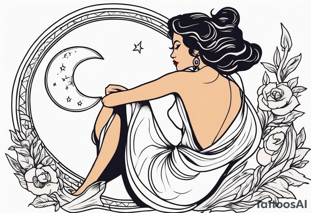 Hot woman in dress riding a crescent moon tattoo idea
