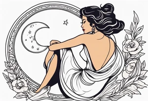 Hot woman in dress riding a crescent moon tattoo idea