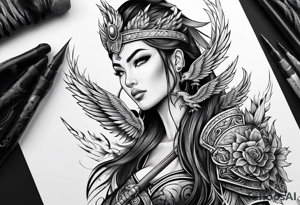 female warrior with phoenix and weapons tattoo idea